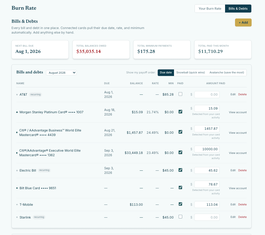 Bills and debts in one view with balances and payments