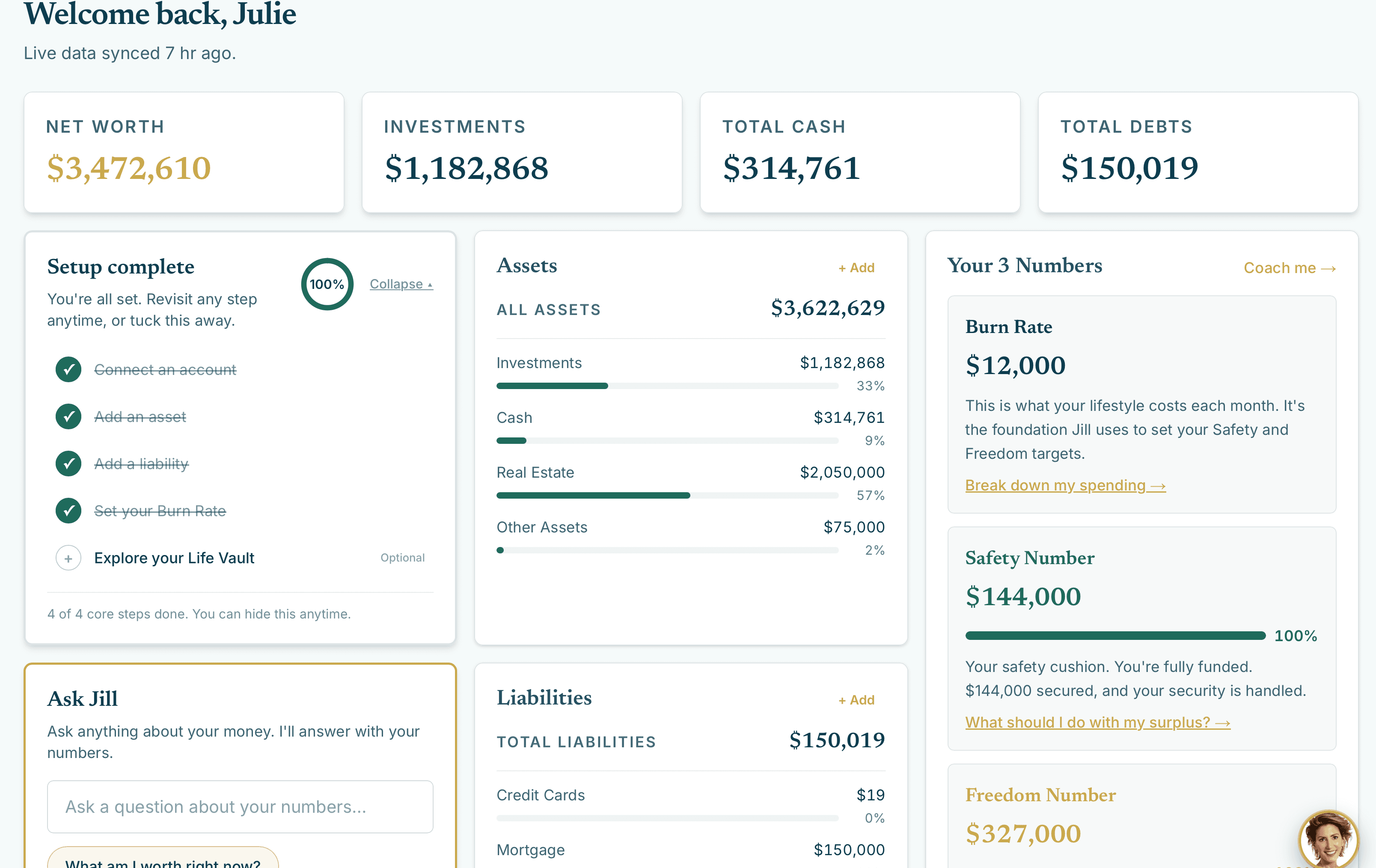 The Jillionaire360 dashboard: net worth, assets, liabilities, and the three numbers